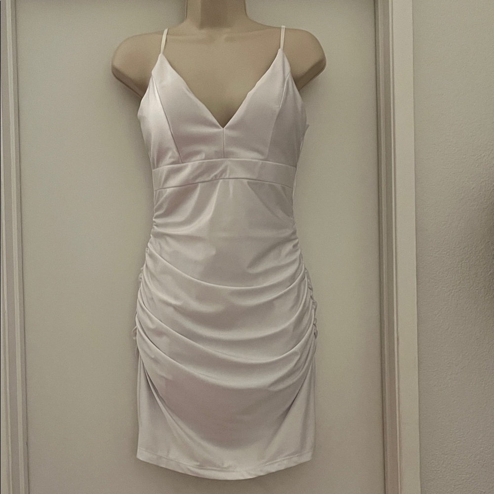 Windsor White Satin Ruched V-Neck Slip Dress